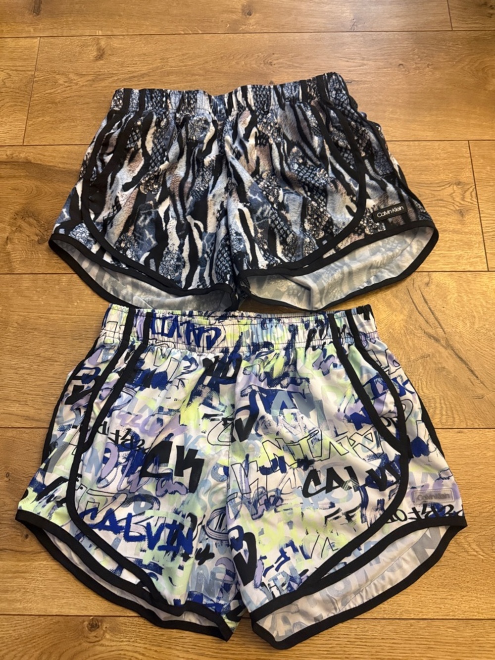 Calvin Klein Women’s Dual-Pair Athletic Shorts — Blue/White/Black Print